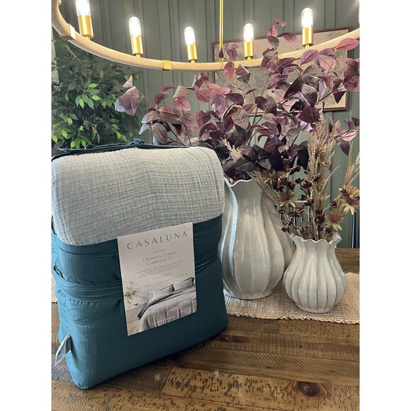 Full/Queen Textured Chambray Cotton Comforter & Sham Set Dark Teal Blue NEW - Picture 1 of 9